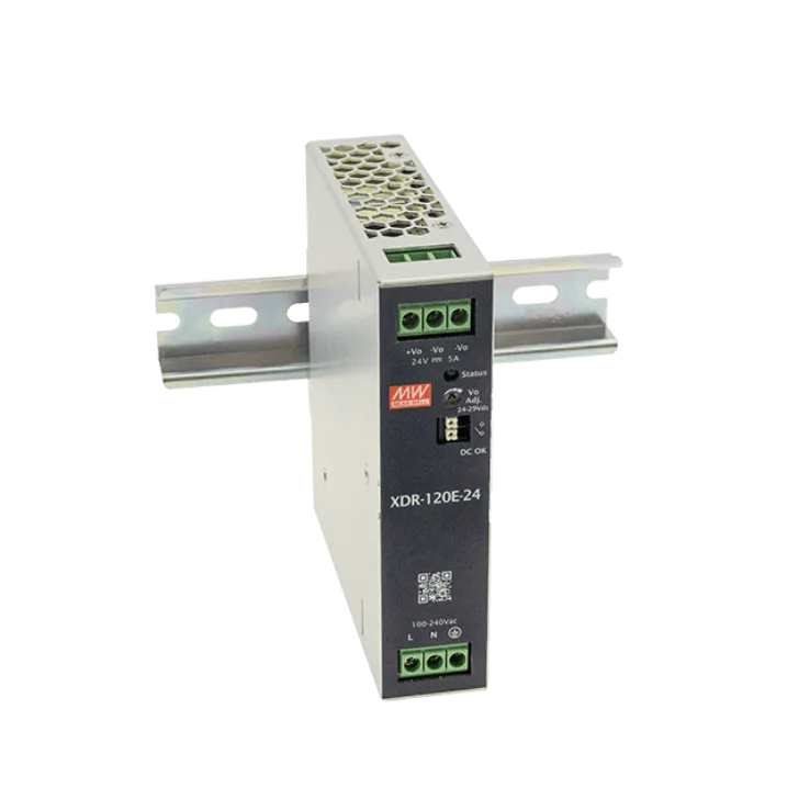 XDR - 120E - 24 Meanwell AC - DC Economical Ultra Slim Industrial DIN Rail Power, Output 24VDC at 5A, OVC III - Gabby Electric