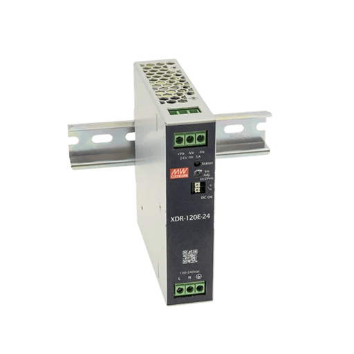 XDR - 120E - 24 Meanwell AC - DC Economical Ultra Slim Industrial DIN Rail Power, Output 24VDC at 5A, OVC III - Gabby Electric