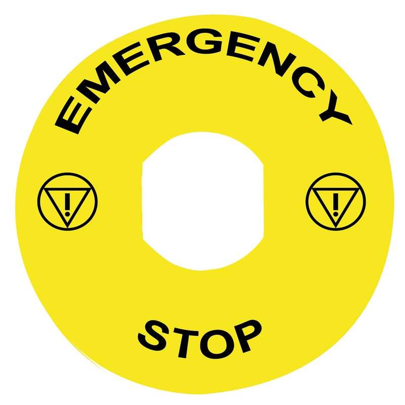 ZBY8330 Legend, Harmony XB4, plastic, yellow, 90mm, for emergency stop, marked EMERGENCY STOP with logo ISO13851 - Gabby Electric