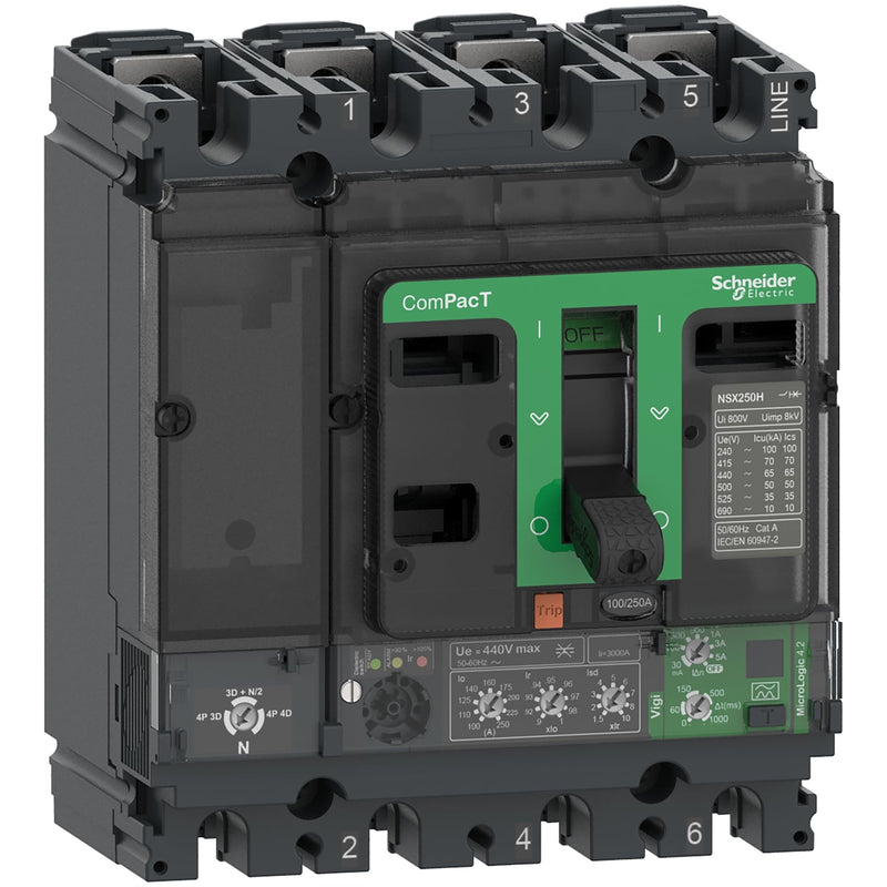 C25F44V250 Circuit breaker, ComPacT NSX250F, 36kA/415VAC, 4 poles, MicroLogic Vigi 4.2 trip unit 250A