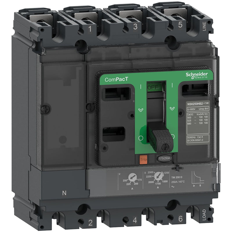 C25F4TM250 Circuit breaker, ComPacT NSX250F, 36kA/415VAC, 4 poles 4D (neutral fully protected), TMD trip unit 250A - Gabby Electric