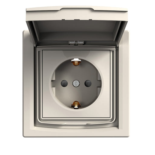 EPH3100323 Asfora - single socket outlet with side earth - 16A lid, shutters IP44 cream - Gabby Electric