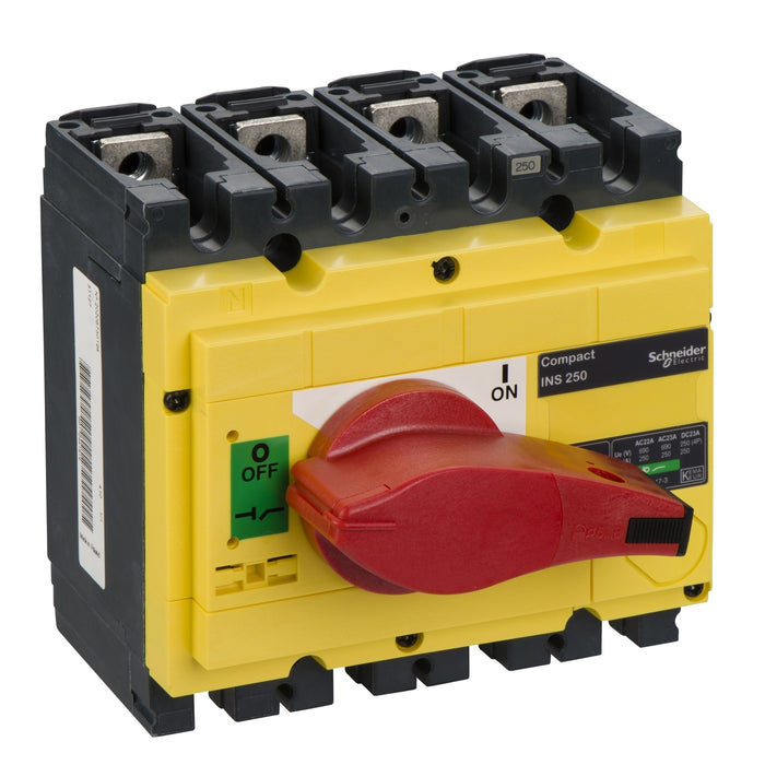 31127 interruptor-seccionador, Compact INS250, 250 A, con mando giratorio rojo y frontal amarillo, 4 polos