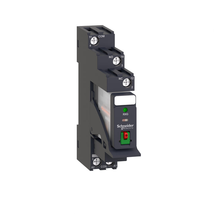 RXG12P7PV Harmony, Interface plug-in relay pre-assembled, 10 A, 1 CO, with LED, with lockable test button, with protection circuit, 230 VAC