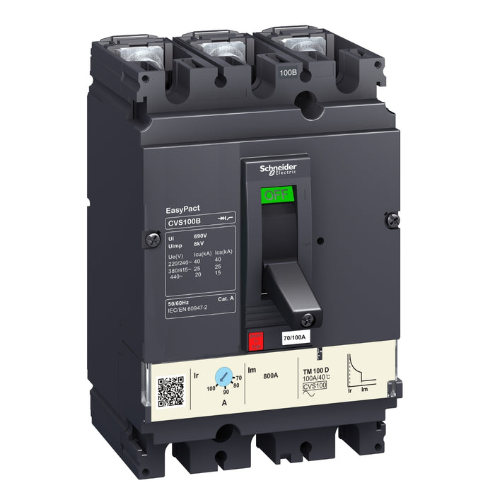 LV510307 circuit breaker EasyPact CVS100B, 25 kA at 415 VAC, 100 A rating thermal magnetic TM-D trip unit, 3P 3d