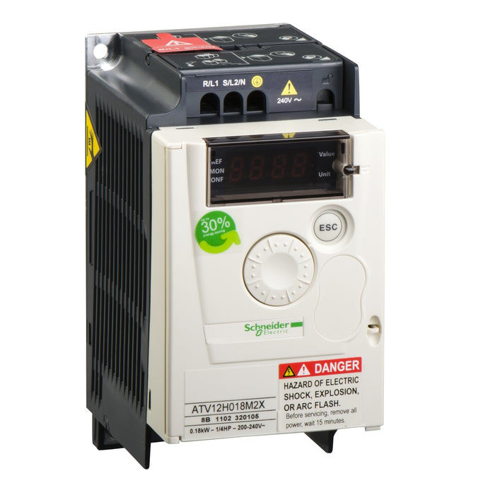 ATV12H018M2X variable speed drive, Altivar 12, 0.18kW, 0.25hp, 200..240V, 1 phase, without heat sink