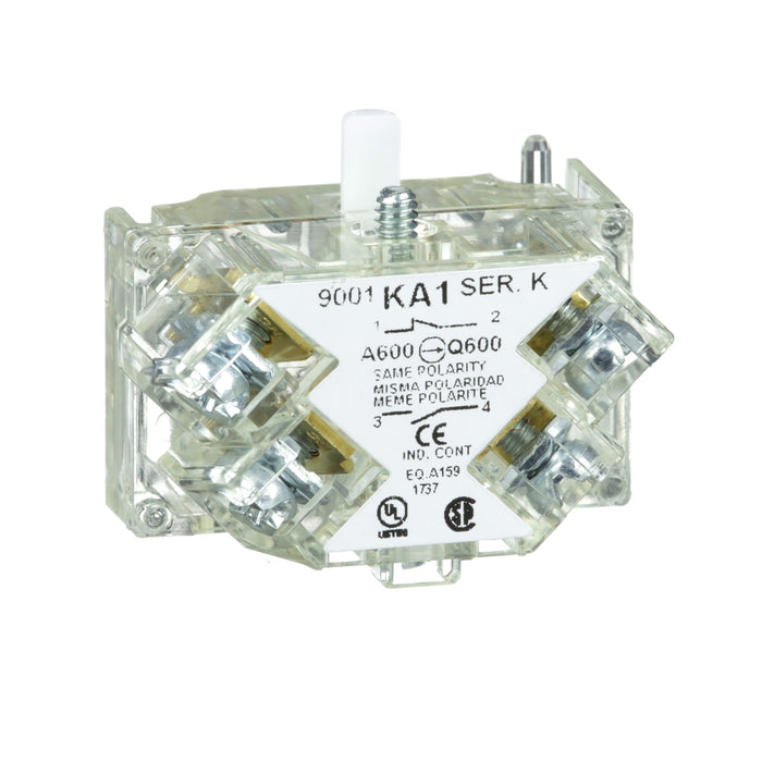 9001KA1 Contact block with protected terminals, Harmony 9001K, Harmony 9001SK, 0-600V, silver alloy contacts, screw clamp terminal, positive opening, 1 C/O