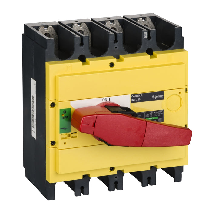 31129 interruptor-seccionador, Compact INS320, 320 A, con mando giratorio rojo y frontal amarillo, 4 polos