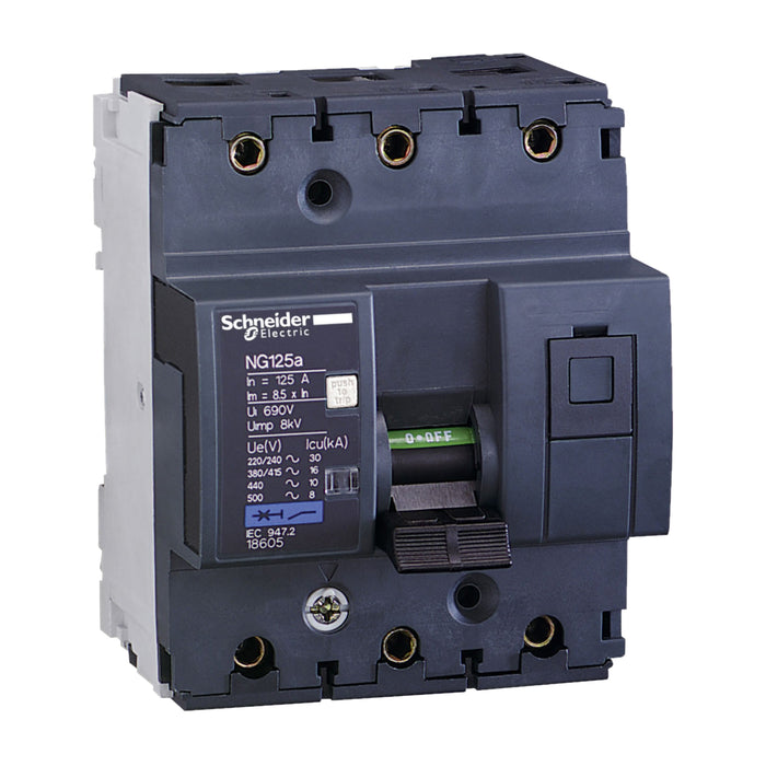 18604 Miniature circuit breaker (MCB), Acti9 NG125a, 3P, 100A, C curve, 16kA (IEC/EN 60947-2)