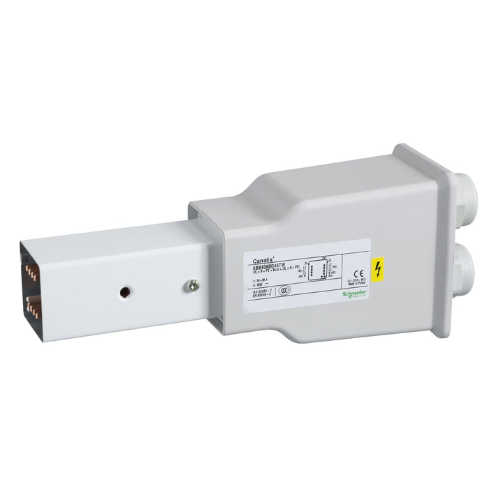 KBB40ABD44TW End feed unit, Canalis KBB, 40A, right mounting, 2 circuits, 3L+N+PE, with optional remote control circuit, RAL9003