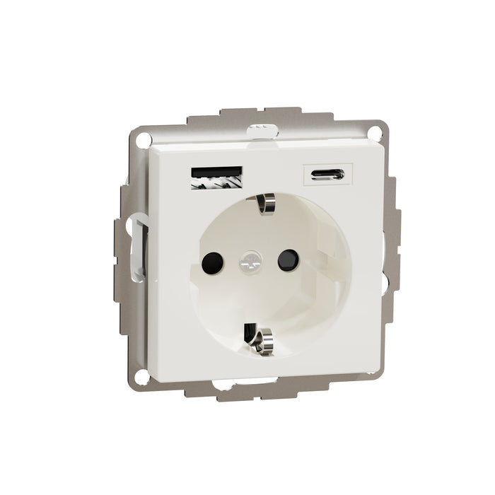 MTN2367-0319 USB charger + socket-outlet, Merten System M, 2P + E, 16A screwless terminals, glossy, polar white