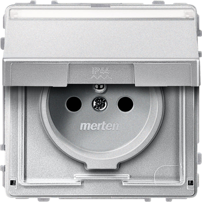 MTN283160 Socket-outlet insert w. earth. pin, hng.lid and label fld, aluminium, Aquadesign