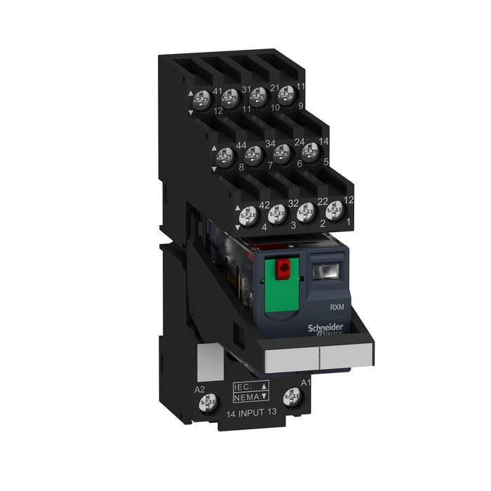 RXM4AB2B7PVS Harmony, Miniature plug-in relay pre-assembled, 6 A, 4 CO, with LED, with lockable test button, separate terminals socket, 24 V AC