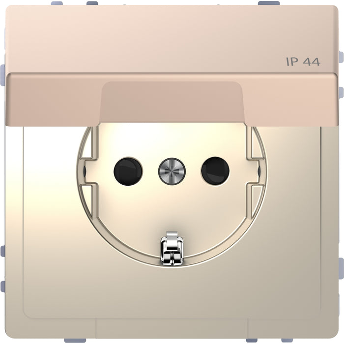 MTN2314-6051 Socket-outlet, Merten System Design, 2P + E, 16A, Schuko, hinged lid, shutter, screwless terminals, IP44, champagne