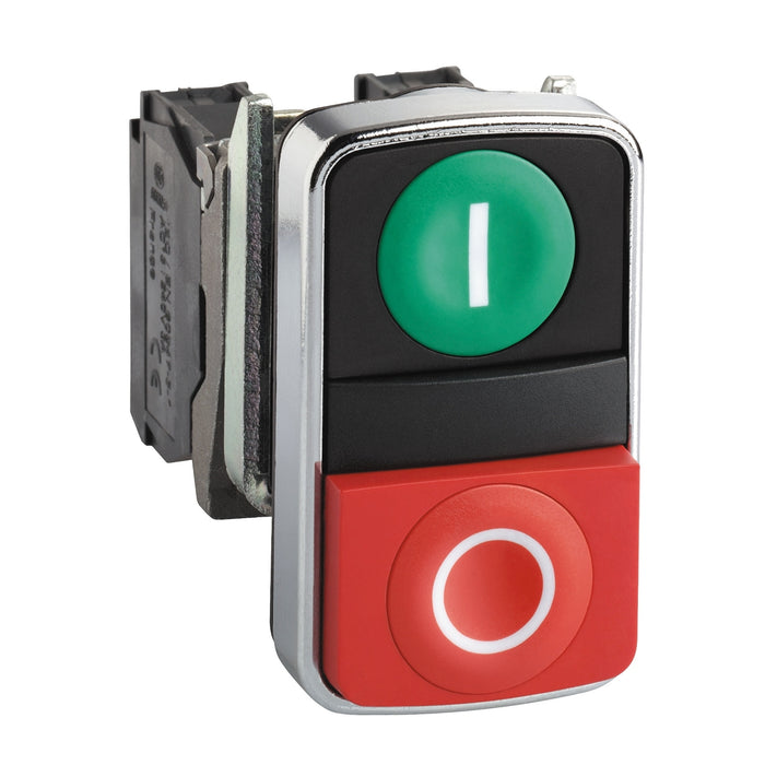 XB4BL73415 green flush/red projecting illuminated double-headed pushbutton Ø22 1NO+1NC 24V