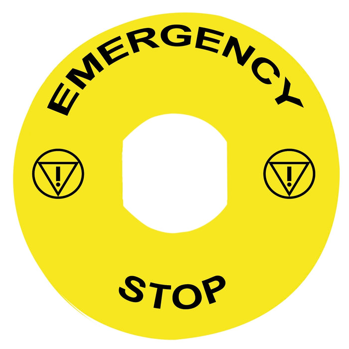 ZBY8330 Legend, Harmony XB4, plástico, amarillo, 90 mm, para parada de emergencia, marcado PARADA DE EMERGENCIA con el logotipo ISO13851