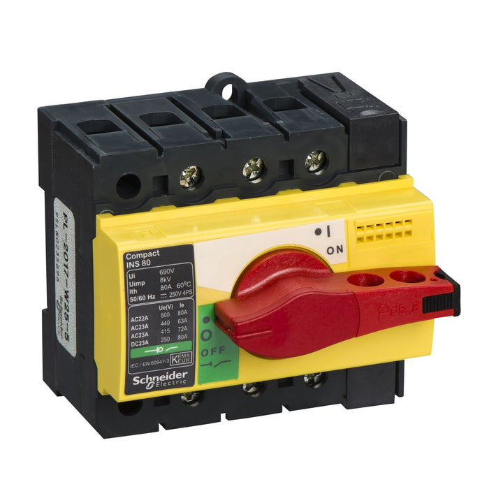 28920 interruptor-seccionador, Compact INS80, 80 A, con mando giratorio rojo y frontal amarillo, 3 polos