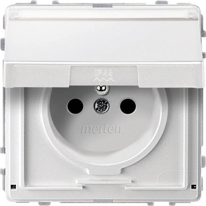 MTN283119 Socket-outlet insert w. earth. pin, hng.lid & label fld, polar white, Aquadesign