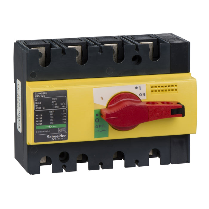 28927 interruptor-seccionador, Compact INS125, 125 A, con mando giratorio rojo y frontal amarillo, 4 polos