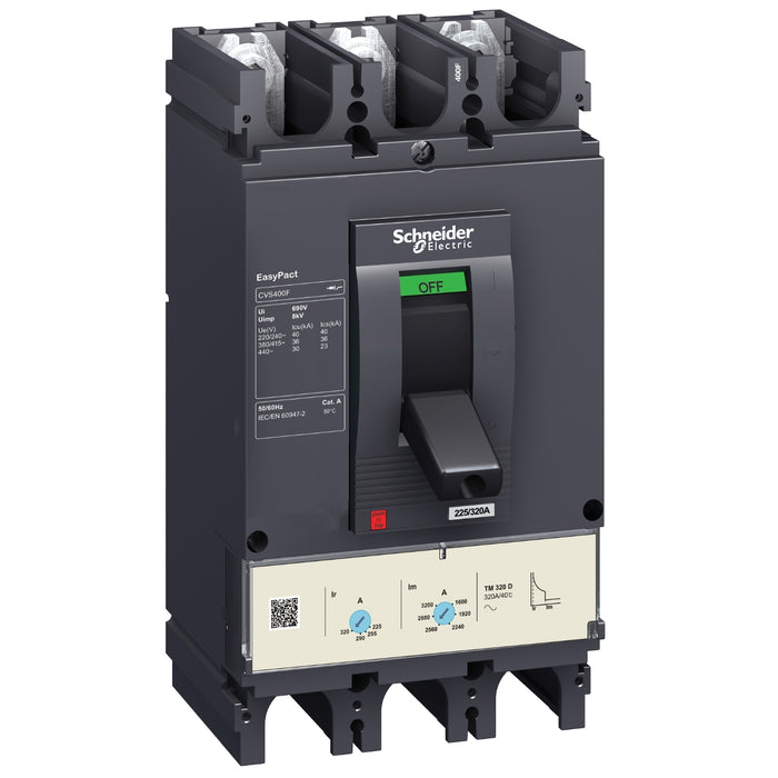 LV540305 circuit breaker EasyPact CVS400F, 36 kA at 415 VAC, 320 A rating thermal magnetic TM-D trip unit, 3P 3d