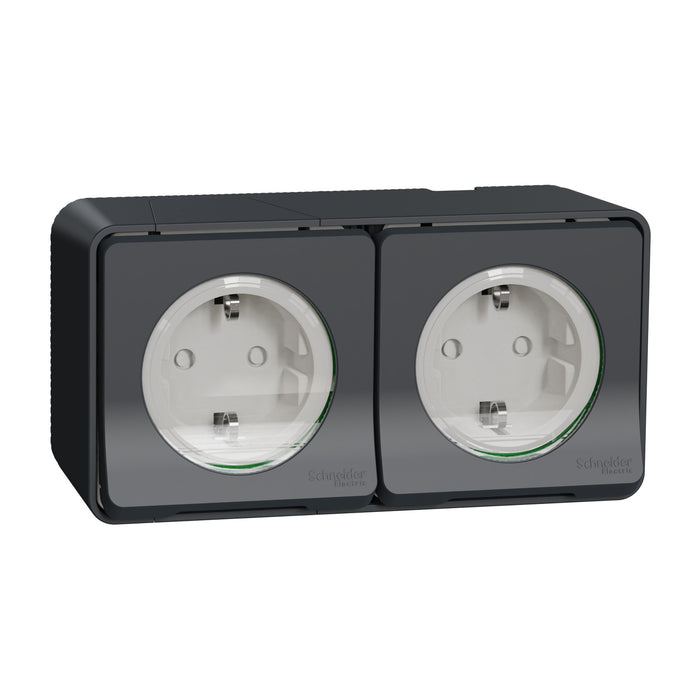 MUR56029 Double socket-outlet, Mureva Styl, 2P + E with shutters, side earth, 16A, 250V, surface, grey