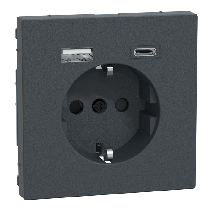 MTN2367-0414 USB charger + socket-outlet, Merten System M, 2P + E, 16A screwless terminals, glossy, anthracite