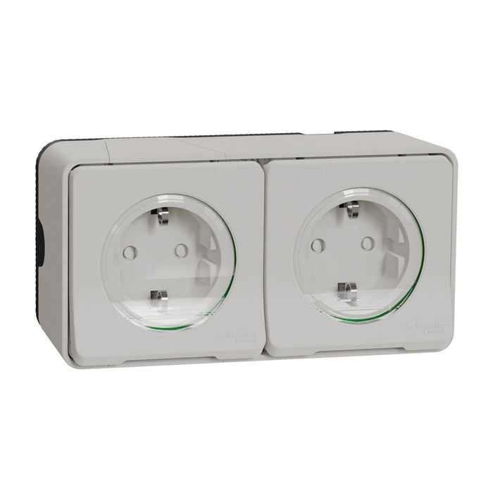 MUR39035 Double socket-outlet, Mureva Styl, 2P + E with shutters, side earth, 16A, 250V, surface, white