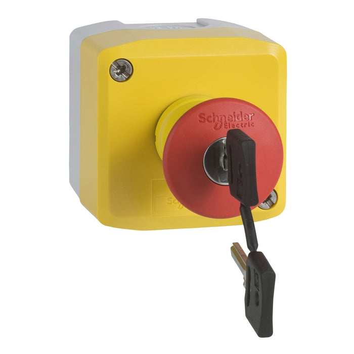 XALK188F Control station, plastic, yellow lid, 1 red mushroom push button Ø40, key release, 2 NC