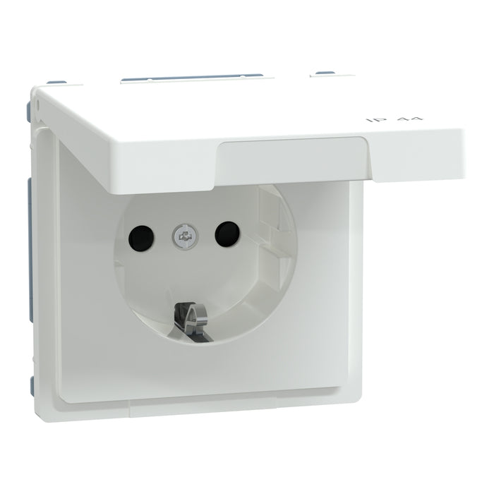 MTN2314-6035 Socket-outlet, Merten System Design, 2P + E, 16A, Schuko, hinged lid, shutter, screwless terminals, IP44, lotus white