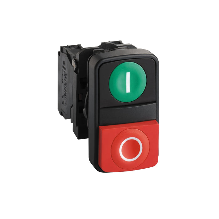 XB5AL73415 Double-headed push button, Harmony XB5, plastic, 22mm, 1 green flush marked I + 1 red projecting marked O, 1NO+1NC