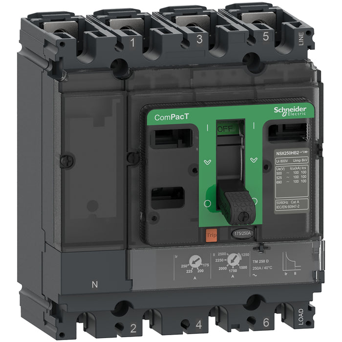 C25F4TM250 Circuit breaker, ComPacT NSX250F, 36kA/415VAC, 4 poles 4D (neutral fully protected), TMD trip unit 250A