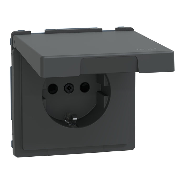 MTN2314-6034 Socket-outlet, Merten System Design, 2P + E, 16A, Schuko, hinged lid, shutter, screwless terminals, IP44, anthracite