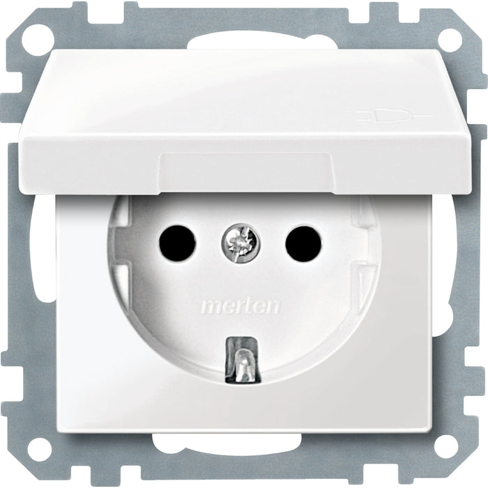 MTN238319 SCHUKO socket-outlet insert w. hng.lid and shut., polar white, glossy, System M