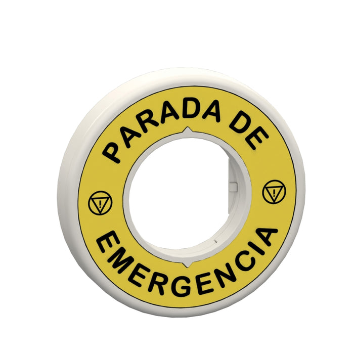 ZBY9W3B430 Harmony, Illuminated ring Ø60, plastic, yellow, white or red integral LED, marked PARADA DE EMERGENCIA, 24 V AC/DC