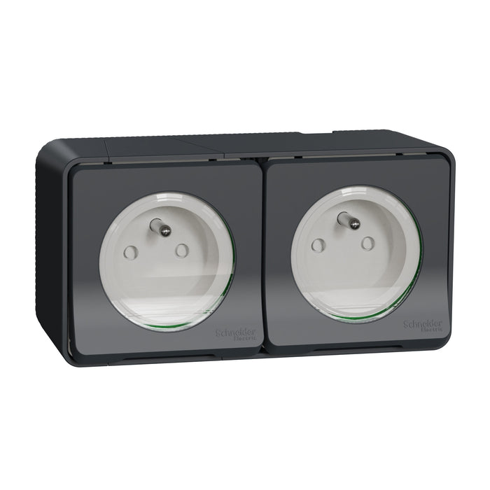 MUR36028 Double socket-outlet, Mureva Styl, 2P + E with shutters, pin earth, 16A, 250V, surface, grey