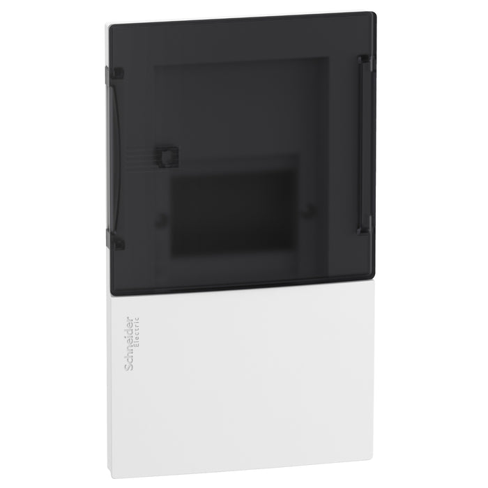 MIP22104S Enclosure, Resi9 MP, flush mounting, 1 row of 4 modules, IP40, smoked door, 1 earth + 1 neutral terminal blocks