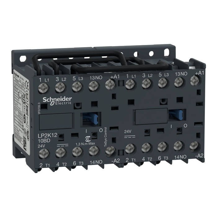 LP2K1210BD reversing Contactor, TeSys K, 3P, AC-3/AC-3e,440V 12A, 1NO, 24V DC coil, screw clamp terminals