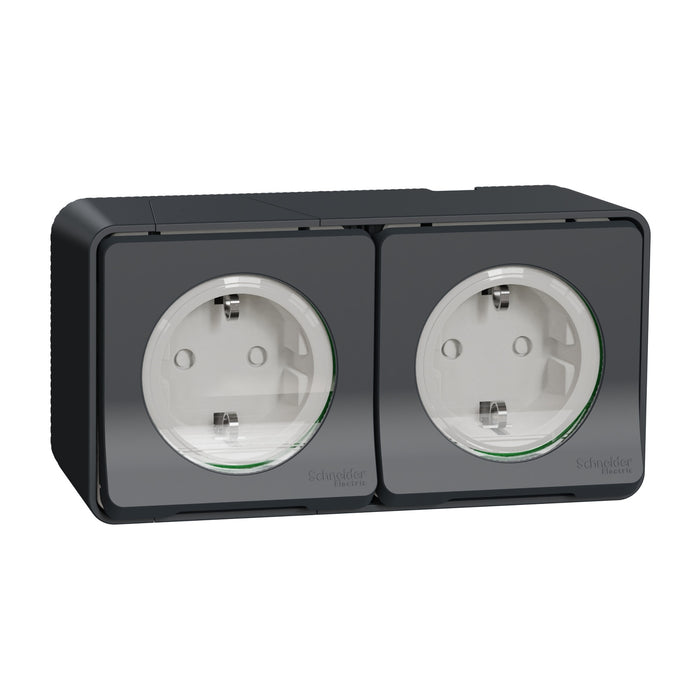 MUR36029 Double socket-outlet, Mureva Styl, 2P + E with shutters, side earth, 16A, 250V, surface, grey