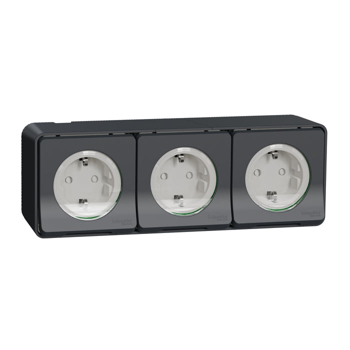 MUR36038 Triple socket-outlet, Mureva Styl, 2P + E with shutters, side earth, 16A, 250V, surface, grey