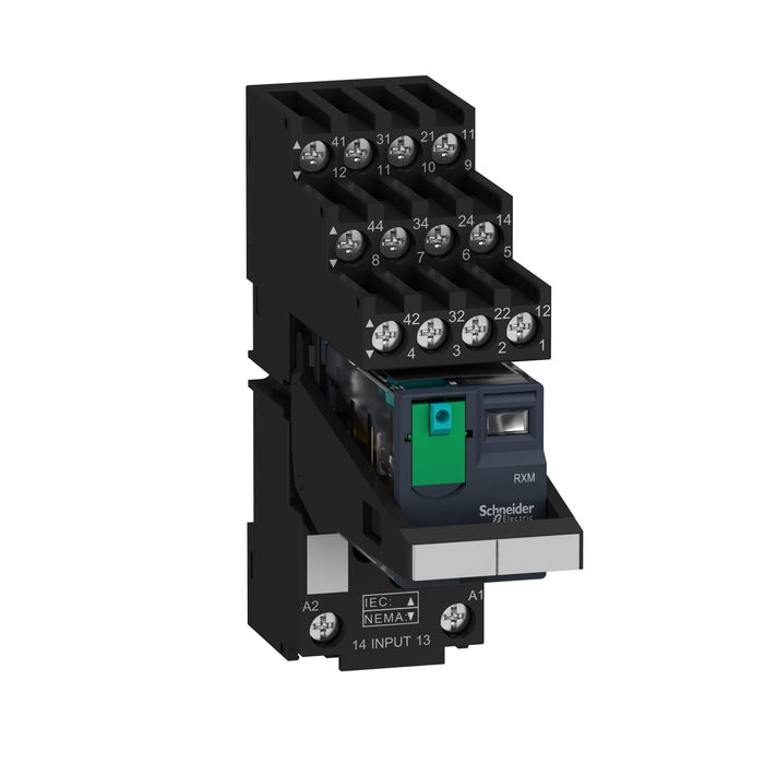 RXM4AB2BDPVS Harmony, Miniature plug-in relay pre-assembled, 6 A, 4 CO, with LED, with lockable test button, separate terminals socket, 24 V DC