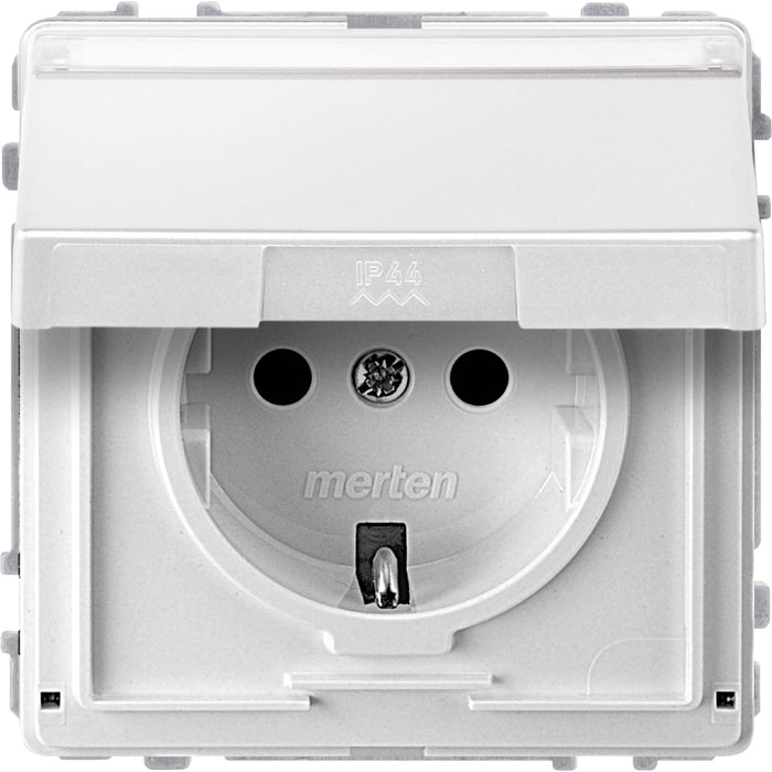 MTN233119 SCHUKO socket-outlet insert with hng.lid and label fld, polar white, Aquadesign