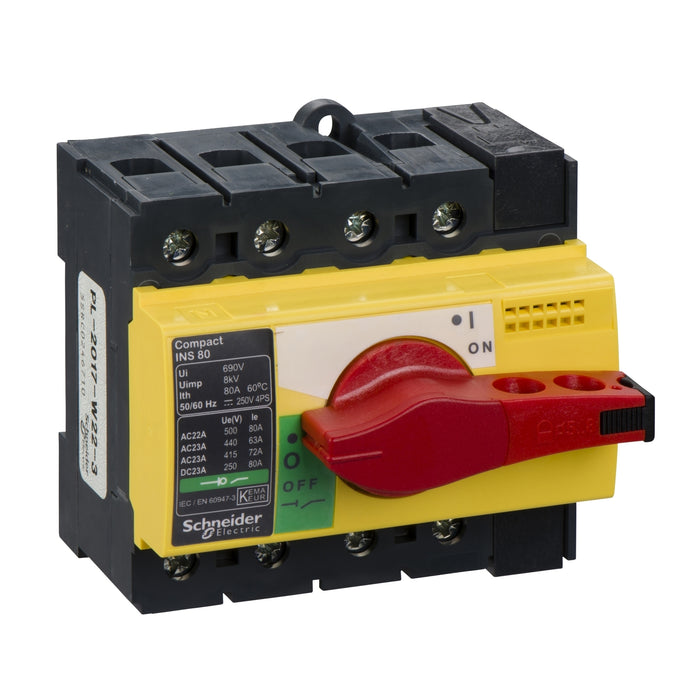 28921 switch disconnector, Compact INS80 , 80 A, with red rotary handle and yellow front, 4 poles