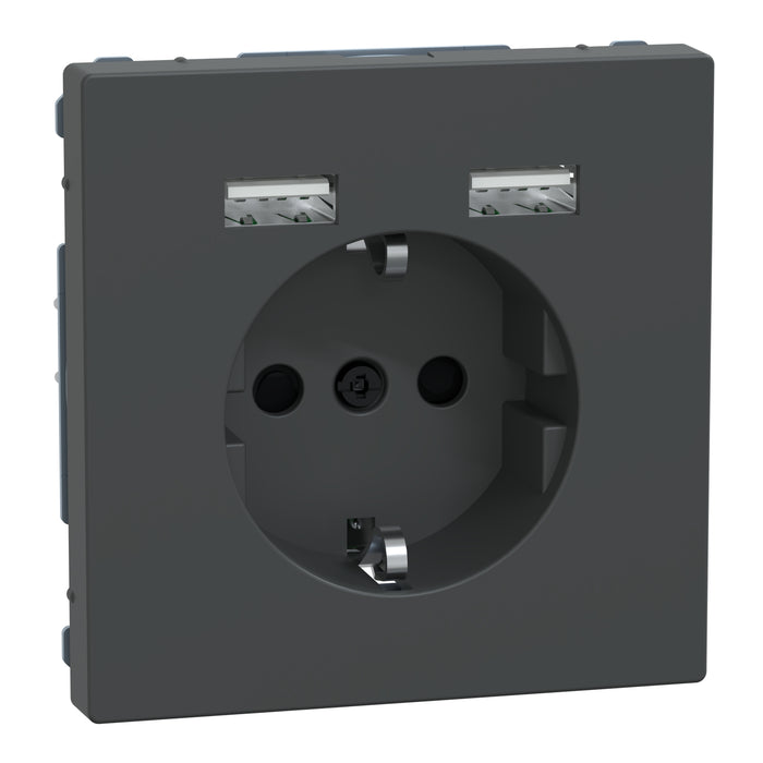 MTN2366-6034 USB charger + socket-outlet, Merten System Design, 2P + E, 16A, shutter, screwless terminals, matt, anthracite