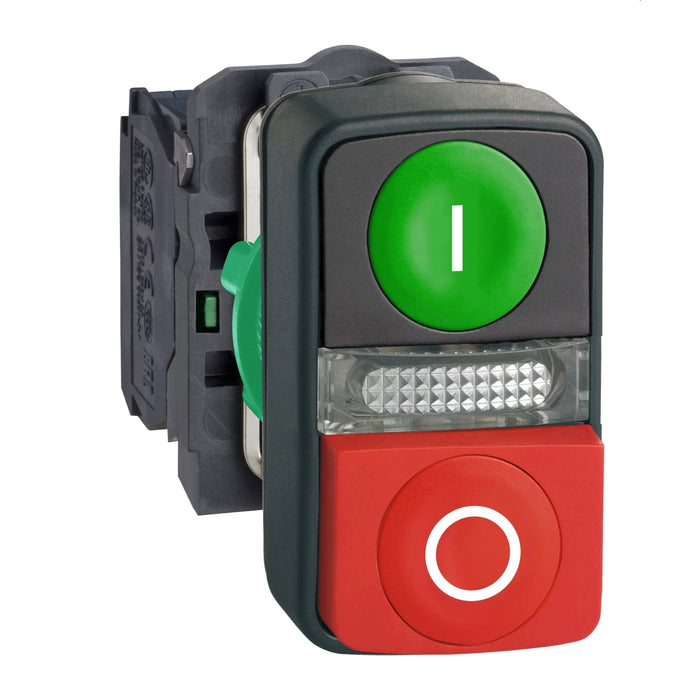 XB5AW73731B5 green flush/red projecting illuminated double-headed pushbutton Ø22 1NO+1NC 24V
