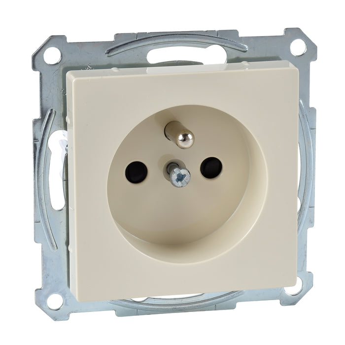 MTN2500-0344 Socket-outlet, Merten System M, mechanism with fixing frame, 2P + E, 16A, French, screwless terminals, glossy, white