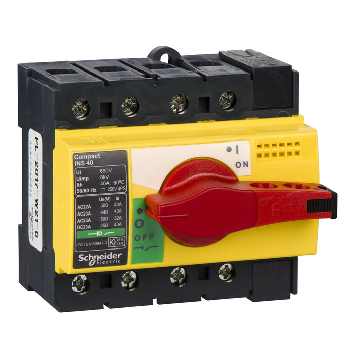 28917 interruptor-seccionador, Compact INS40, 40 A, con mando giratorio rojo y frontal amarillo, 4 polos