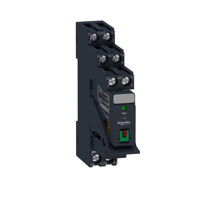 RXG22B7PV Harmony, Interface plug-in relay pre-assembled, 5 A, 2 CO, with LED, with lockable test button, with protection circuit, 24 V AC