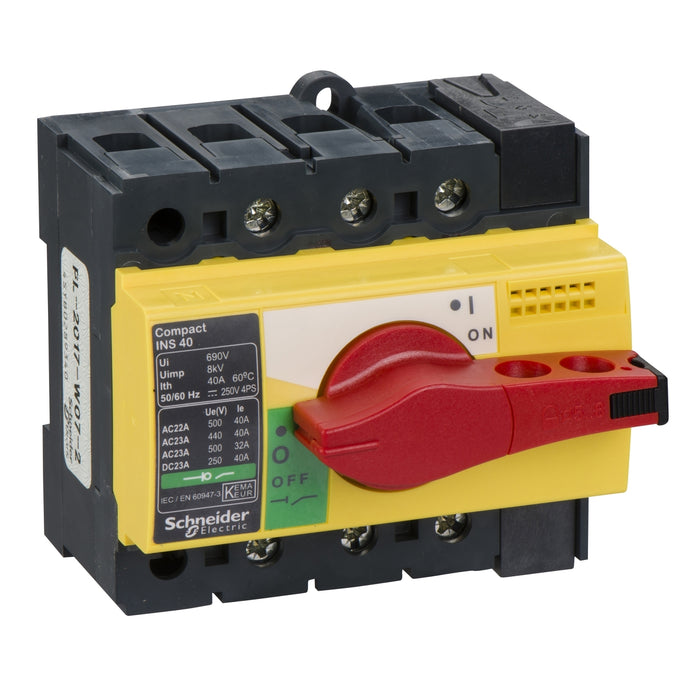 28916 switch disconnector, Compact INS40 , 40 A, with red rotary handle and yellow front, 3 poles