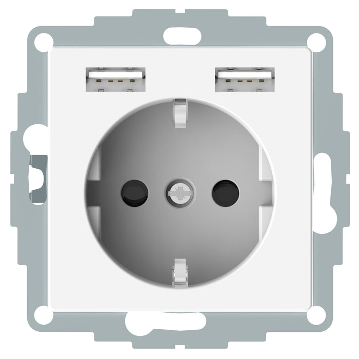 MTN2366-0319 USB charger + socket-outlet, Merten System M, 2P + E, 16A, shutter, screwless terminals, glossy, polar white