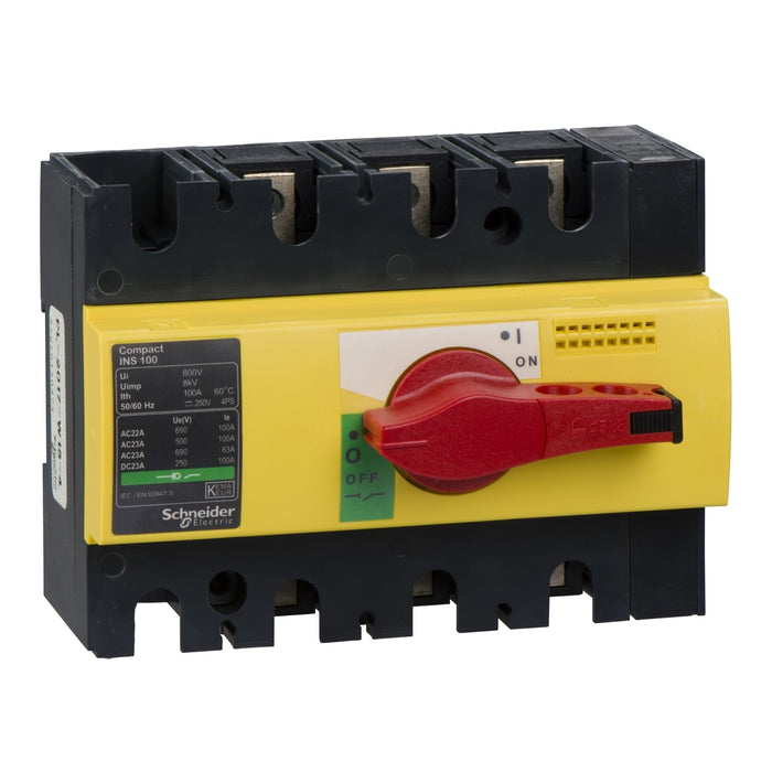 28924 switch disconnector, Compact INS100 , 100 A, with red rotary handle and yellow front, 3 poles